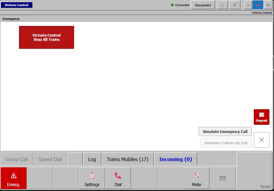 The Emergency tab — arm, broadcast, or simulate an incident.