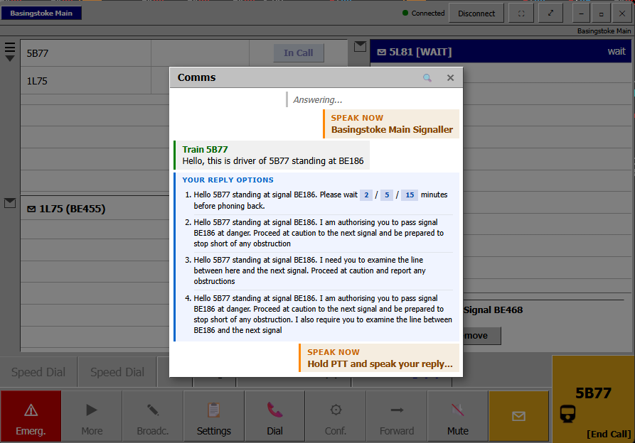 RailComms handling a driver call — the driver's spoken message with numbered signaller reply options and a hold-PTT-to-speak prompt