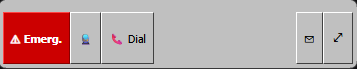 RailComms compact mode — a slim docked radio bar with Emergency, Mute, Dial, notification and Expand