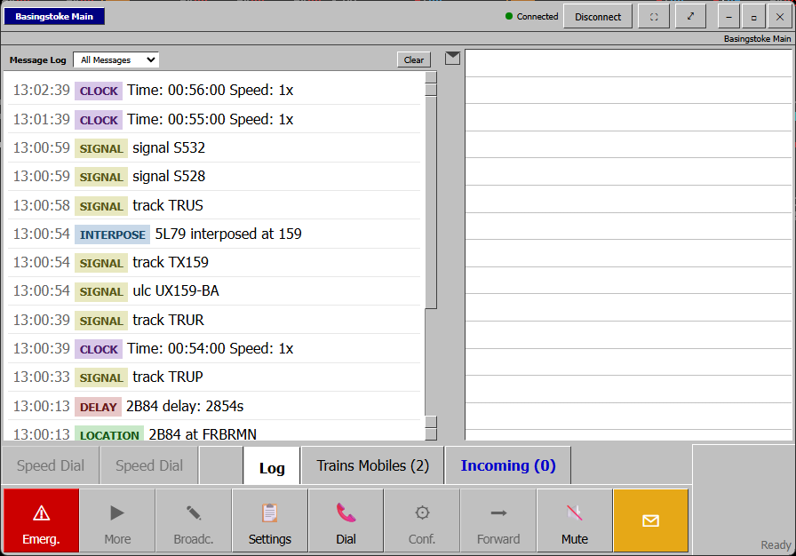 A categorised, filterable message log.