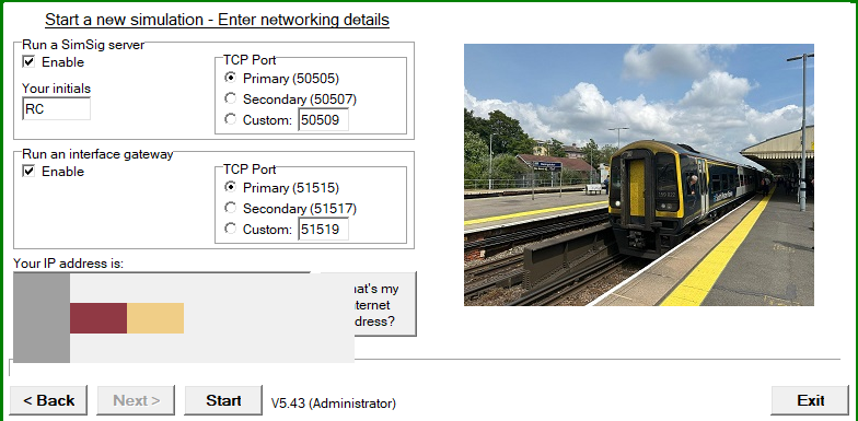 SimSig 'Start a new simulation – Enter networking details' screen with both 'Run a SimSig server' and 'Run an interface gateway' set to Enable, ports on Primary